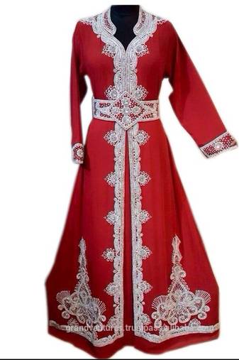 Red Beads and Stone Work Georgette Hand Stiched Arab Moroccan Kaftan