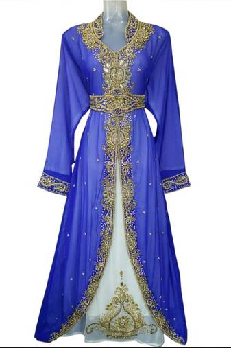Blue Beads and Stone Work Georgette Hand Stiched Arab Moroccan Jacket Kaftan