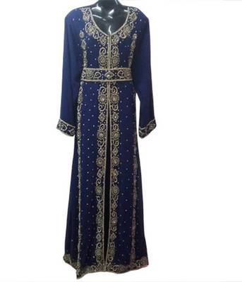 Blue Beads and Stone Work Georgette Hand Arab Moroccan Kaftan 1