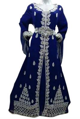 Blue Beads and Stone Work Georgette Hand Arab Moroccan Kaftan 1