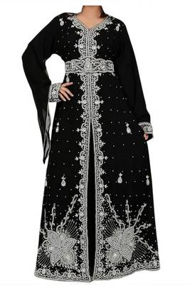 Black Beads and Stone Work Georgette Hand Arab Moroccan Kaftan 1