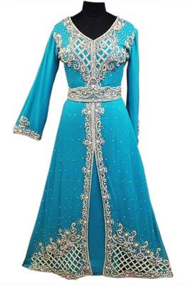 Blue Beads and Stone Work Georgette Hand Arab Moroccan Kaftan 1