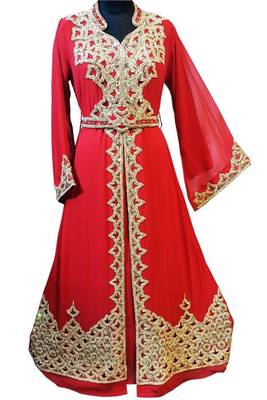 Red Beads and Stone Work Georgette Hand Arab Moroccan Kaftan 1