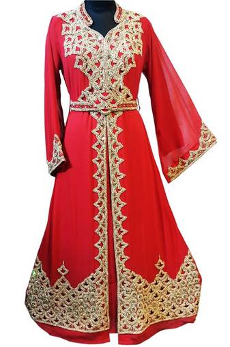 Red Beads and Stone Work Georgette Hand Stiched Arab Moroccan Kaftan