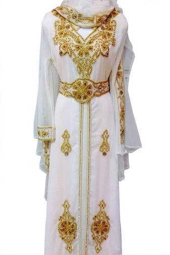 White Beads and Stone Work Georgette Hand Stiched Arab Moroccan Kaftan
