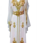 White Beads and Stone Work Georgette Hand Stiched Arab Moroccan Kaftan