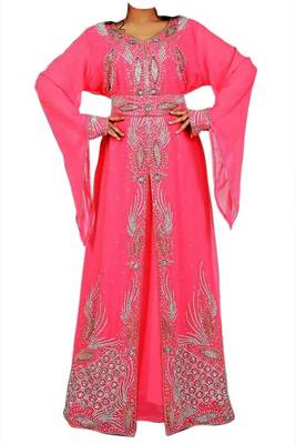 Peach Beads and Stone Work Georgette Hand Arab Moroccan Kaftan 1