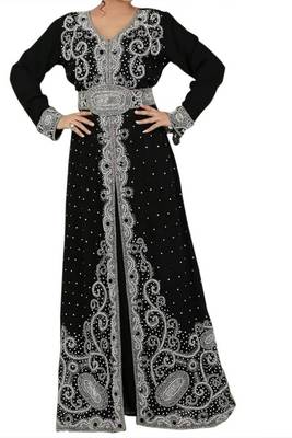 Elegant Black Georgette Moroccan Kaftan with Intricate Silver Zari & Stone Work 1