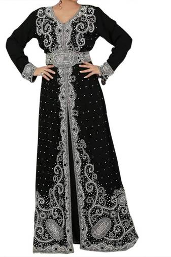 Elegant Black Georgette Moroccan Kaftan with Intricate Silver Zari & Stone Work