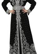 Elegant Black Georgette Moroccan Kaftan with Intricate Silver Zari & Stone Work
