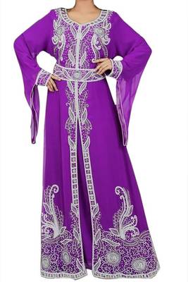 Purple Beads and Stone Work Georgette Hand Arab Moroccan Kaftan 1