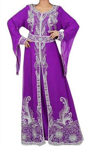 Purple Beads and Stone Work Georgette Hand Stiched Arab Moroccan Kaftan