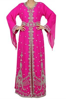 Pink Beads and Stone Work Georgette Hand Arab Moroccan Kaftan 1