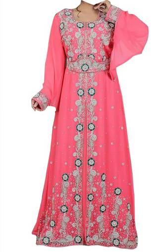 Peach Beads and Stone Work Georgette Hand Stiched Arab Moroccan Kaftan