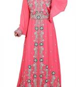 Peach Beads and Stone Work Georgette Hand Arab Moroccan Kaftan