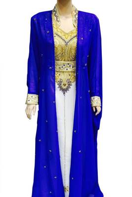 Blue and White Beads and Stone Work Georgette Hand Arab Moroccan Jacket Kaftan 1