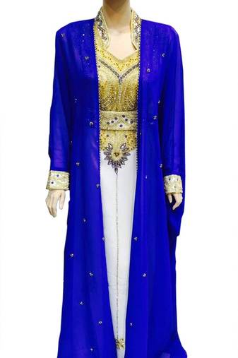 Blue and White Beads and Stone Work Georgette Hand Stiched Arab Moroccan Jacket Kaftan