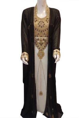 Black and White Beads and Stone Work Georgette Hand Arab Moroccan Jacket Kaftan 1