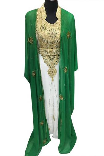 Green and White Beads and Stone Work Georgette Hand Stiched Arab Moroccan Jacket Kaftan