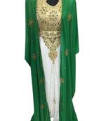 Green and White Beads and Stone Work Georgette Hand Stiched Arab Moroccan Jacket Kaftan
