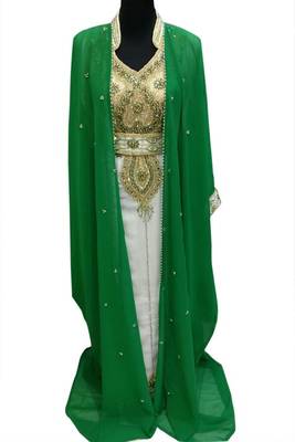 Green and White Beads and Stone Work Georgette Hand Arab Moroccan Jacket Kaftan 1