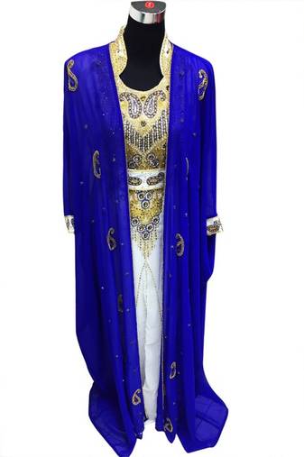 Blue and White Beads and Stone Work Georgette Hand Stiched Arab Moroccan Jacket Kaftan