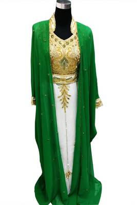 Green and White Beads and Stone Work Georgette Hand Arab Moroccan Jacket Kaftan 1
