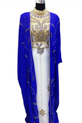 Blue and White Beads and Stone Work Georgette Hand Arab Moroccan Jacket Kaftan 1