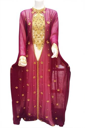 Wine and White Beads and Stone Work Georgette Hand Stiched Arab Moroccan Jacket Kaftan