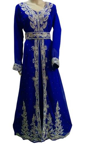 Blue Beads and Stone Work Georgette Hand Stiched Arab Moroccan Kaftan