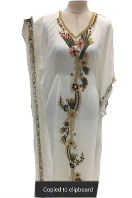 White Beads and Stone Work Georgette Hand Arab Moroccan Kaftan 1