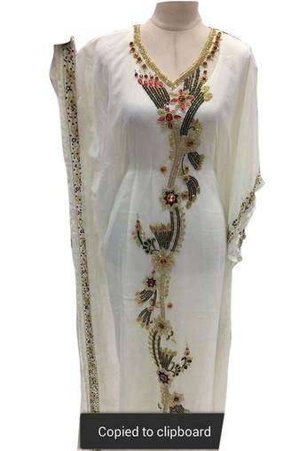 White Beads and Stone Work Georgette Hand Stiched Arab Moroccan Kaftan