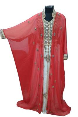 Peach and White Beads and Stone Work Georgette Hand Arab Moroccan Jacket Kaftan 1
