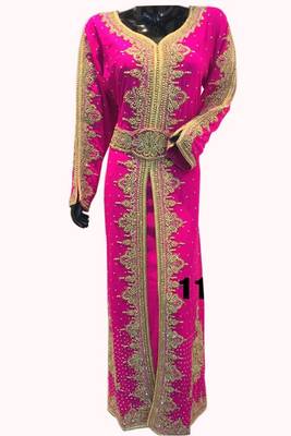 Pink Beads and Stone Work Georgette Hand Arab Moroccan Kaftan 1