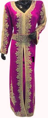 Magenta Beads and Stone Work Georgette Hand Arab Moroccan Kaftan 1