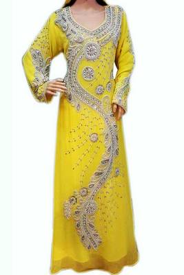 Yellow Beads and Stone Work Georgette Hand Stiched Arab Moroccan Kaftan 1