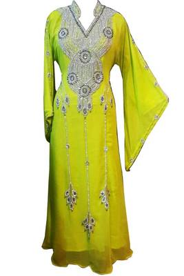 Yellow Beads and Stone Work Georgette Hand Arab Moroccan Kaftan 1