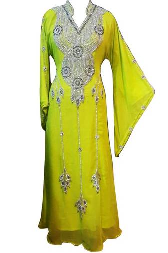 Yellow Beads and Stone Work Georgette Hand Stiched Arab Moroccan Kaftan