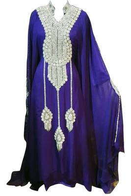 Blue Beads and Stone Work Georgette Hand Arab Moroccan Kaftan 1