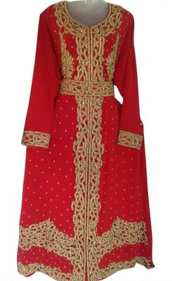 Red Beads and Stone Work Georgette Hand Arab Moroccan Kaftan 1