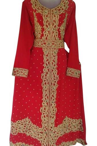 Red Beads and Stone Work Georgette Hand Stiched Arab Moroccan Kaftan