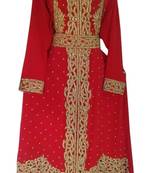 Red Beads and Stone Work Georgette Hand Arab Moroccan Kaftan