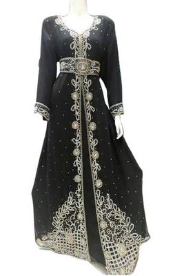 Black Beads and Stone Work Georgette Hand Arab Moroccan Kaftan 1