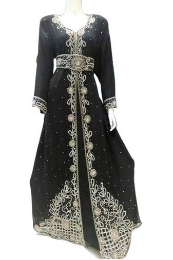 Black Beads and Stone Work Georgette Hand Stiched Arab Moroccan Kaftan
