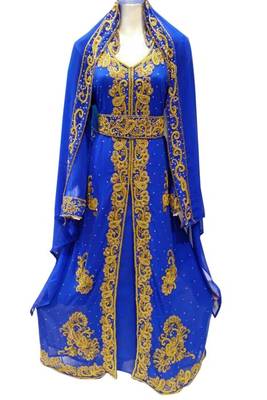 Blue Beads and Stone Work Georgette Hand Arab Moroccan Kaftan 1