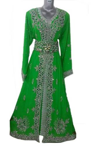 Green Beads and Stone Work Georgette Hand Stiched Arab Moroccan Kaftan