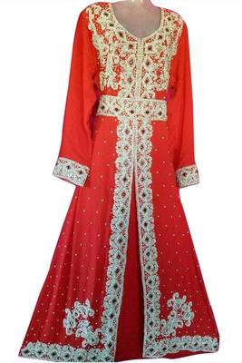 Red Beads and Stone Work Georgette Hand Arab Moroccan Kaftan 1