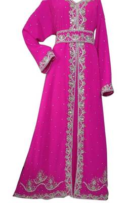 Pink Beads and Stone Work Georgette Hand Arab Moroccan Kaftan 1