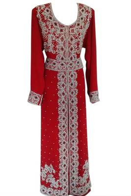 Red Beads and Stone Work Georgette Hand Arab Moroccan Kaftan 1