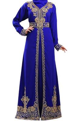 Blue Beads and Stone Work Georgette Hand Arab Moroccan Kaftan 1